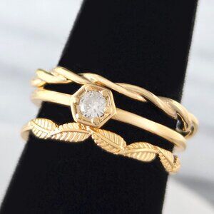 Dainty Gold Feather Twist Boho 3-ring set, Charmed Aroma Wanderlust Collection